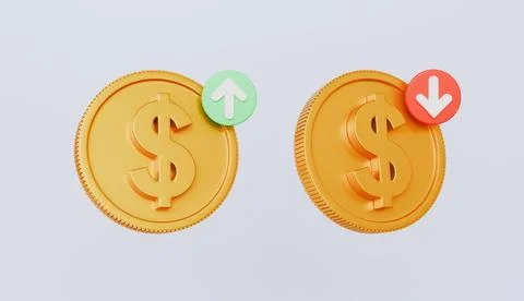 Dollar coin with an arrow up, down, currency depreciation Stock Illustration