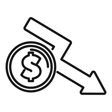 Dollar coin with arrow pointing down representing devaluation Illustrazione stock