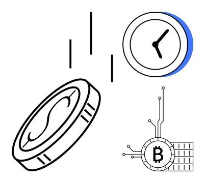 A dollar coin, clock, and Bitcoin highlight contrasts between fiat and digita Stock Illustration