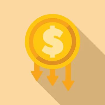 Dollar coin decreasing in value with three downward arrows Stock Illustration