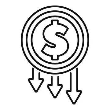 Dollar coin decreasing in value with three down arrows Stock Illustration