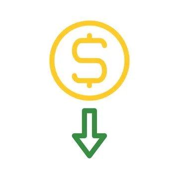 Dollar coin with down arrow. Concept of financial loss, reduction, and decr.. Stock Illustration
