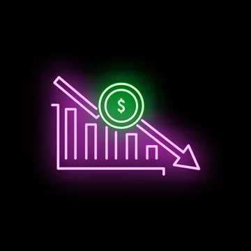 Dollar coin falling on decreasing neon bar chart Stock Illustration