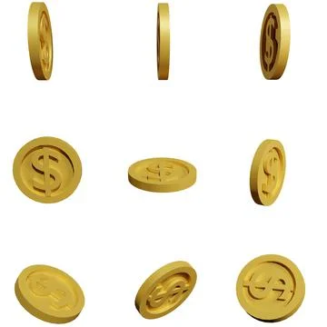 Dollar coin gold 3D rendering set isolated Stock Illustration