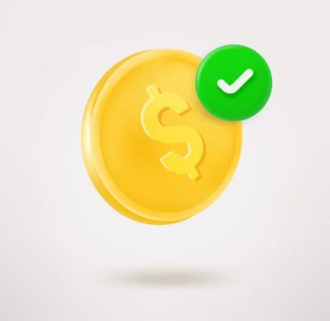 Dollar coin icon with checkmark. 3d vector icon Stock-Illustration