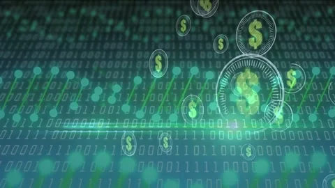 Dollar-coin icons starting third frame then drifting left across binary plane, Stock Footage 335235701