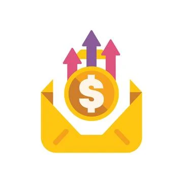 Dollar coin increasing in value coming out of open envelope Stock Illustration