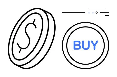 Dollar coin next to a BUY button with abstract design elements. Ideal for fin Stockillustratie