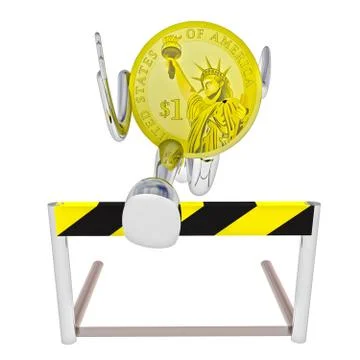 Dollar coin robot athlete jumping above hurdle rendering illustration Stock Illustration