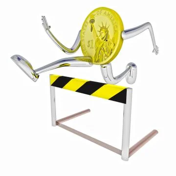 Dollar coin robot jumping above hurdle front view rendering illustration Stock Illustration