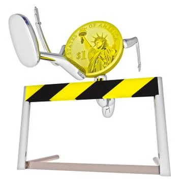 Dollar coin robot jumping above hurdle down view rendering illustration Stock Illustration