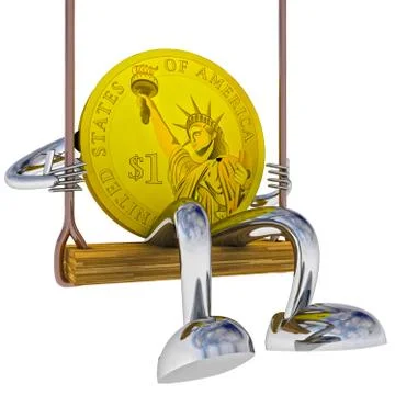 Dollar coin robot swinging on a swing left side view rendering illustration Stock Illustration