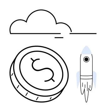 Dollar coin, rocket, and cloud elements representing financial growth, invest イラスト素材