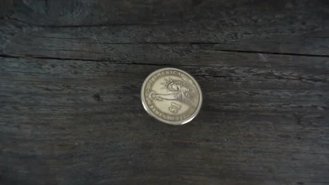 Dollar coin rotates in slow motion on a wooden Stock Footage 132252829
