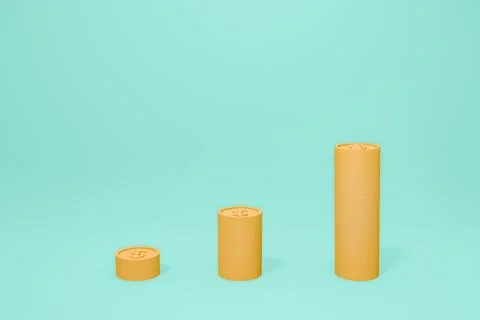 Dollar coin stack growing on green pastel background. Minimal 3D Rendering. s Stock Illustration