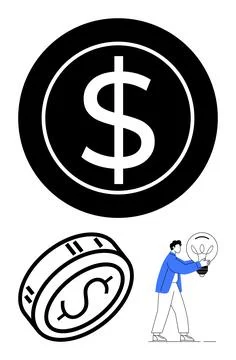 Dollar coin symbol within circle, perspective coin with dollar sign, person h 스톡 일러스트