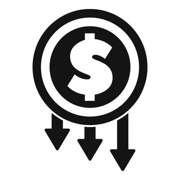 Dollar coin with three down arrows representing decreasing value Stock Illustration