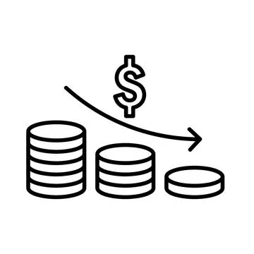 Dollar coins with down arrow flat icon. Pictogram for web. Line stroke. Isola Stock Illustration