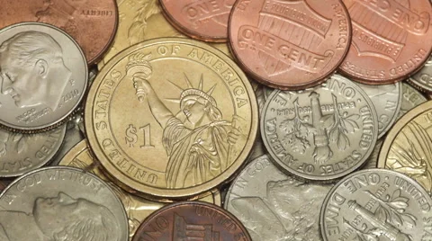 Dollar coins macro rotating Video stock 58336377
