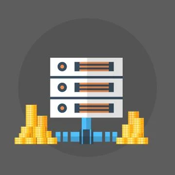 Dollar Coins Stack Over Data Center Service Icon Web Money Bitcoin Concept Stock Illustration