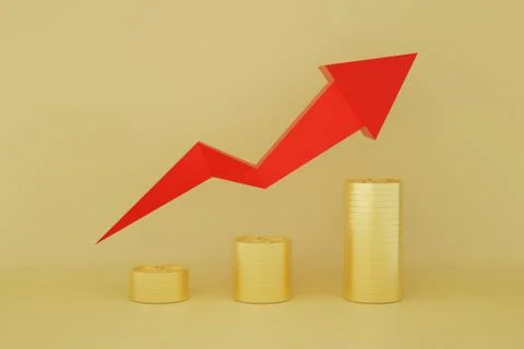 Dollar coins stack with red arrow line chart and going up graph with gold bac Stock Illustration