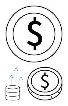Dollar coins, stack with upward arrows symbolizing growth. Ideal for finance, イラスト素材