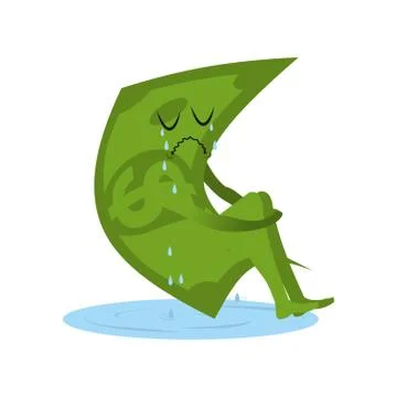 Dollar crying. Money in puddle of tears. Yearning and sob capital. Sad cash.  Stock Illustration