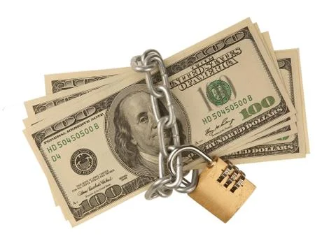 Dollar currency notes with lock and chain. money stack for safety and investm Stock Photos