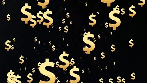 Dollar currency sign flying through animation in gold on black starry background Stock Footage 274288089