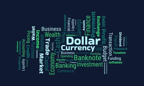 Dollar currency word cloud on dark background highlighting financial growth.. 스톡 일러스트