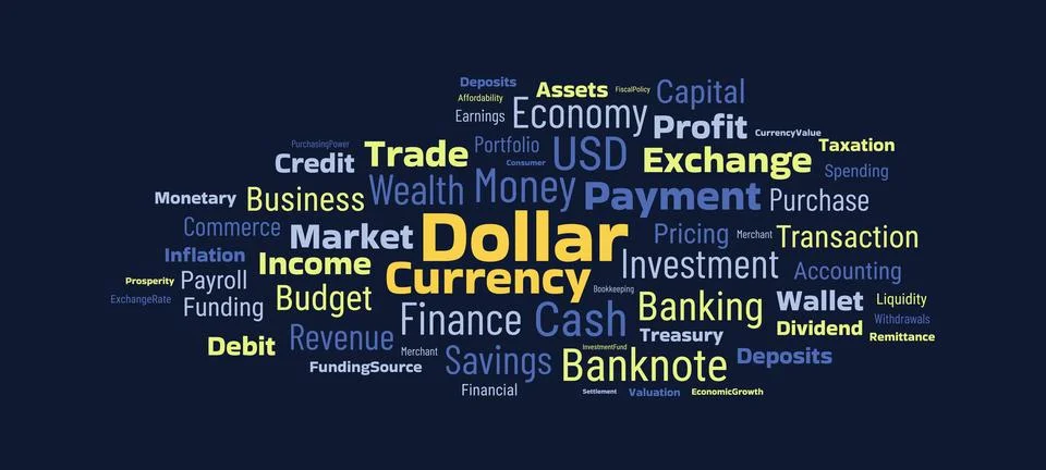 Dollar currency word cloud highlighting banking, international trade, inves.. Иллюстрация