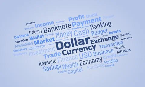 Dollar currency word cloud showcasing banking, finance, commerce and invest.. Illustrazione stock