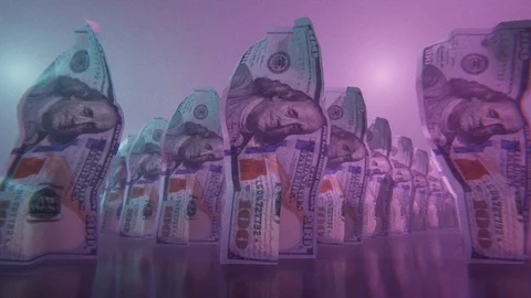 Dollar. Dancing dollar bills on a bright background. Synchronous Dollar Dance Video stock 129155884