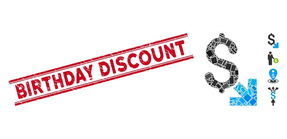 Dollar Decrease Mosaic and Scratched Birthday Discount Watermark with Lines Stockillustratie