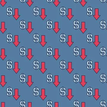 Dollar Devaluation with Falling Arrow vector colored seamless pattern Illustrazione stock
