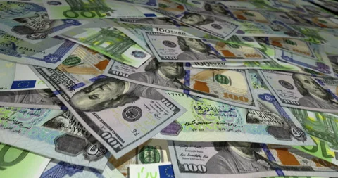 Dollar Euro Dirham banknotes flying over money surface Stock Footage 242699290