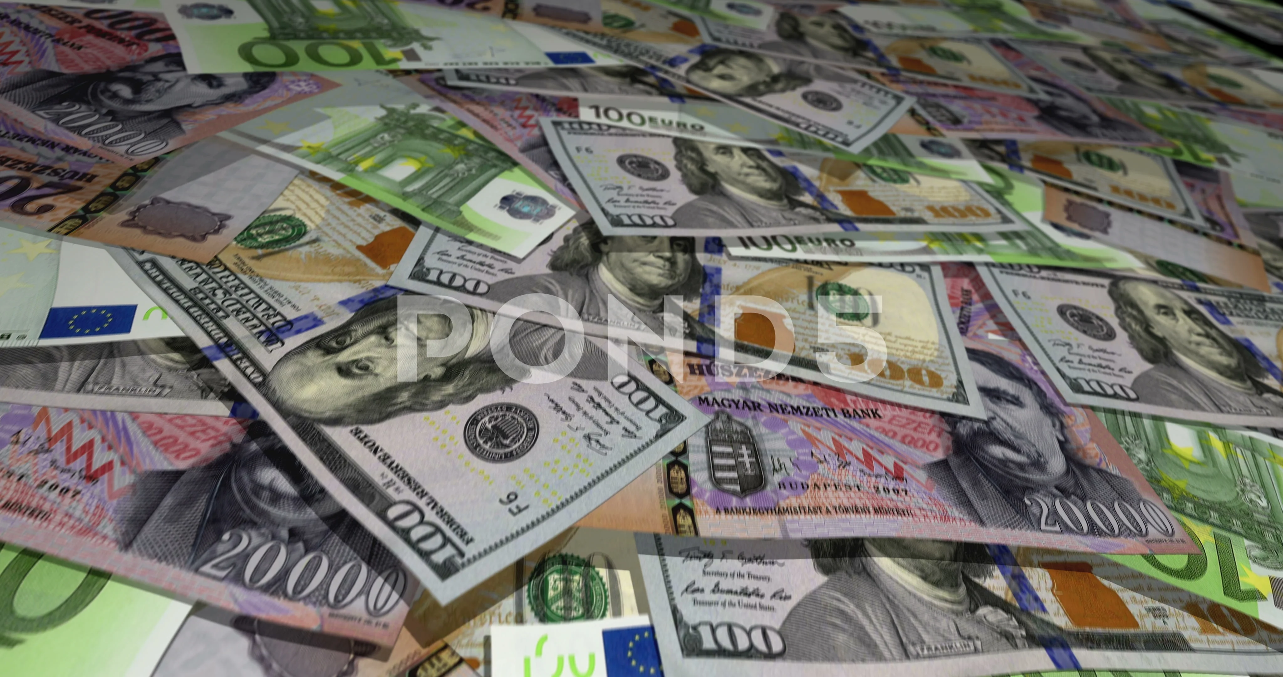 Dollar Euro Forint banknotes flying over money surface