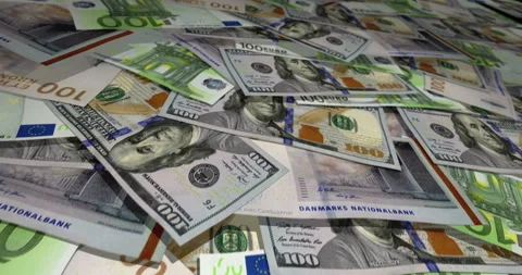 Dollar Euro Krone banknotes flying over money surface Stock Footage 232470067