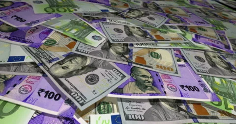 Dollar Euro Rupee banknotes flying over money surface Stock Footage 218428691