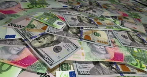Dollar Euro Rupiah banknotes flying over money surface Stock Footage 237711072