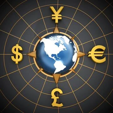 Dollar, Euro, Yen and Pound symbols around the globe Stock Illustration