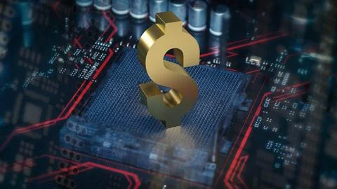 The dollar gold symbol on PCB BOARD for business or technology concept 3d r.. Stock Illustration