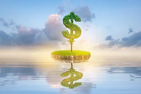 Dollar green tree on the island with reflection in quiet water of the ocean.  Stock Photos