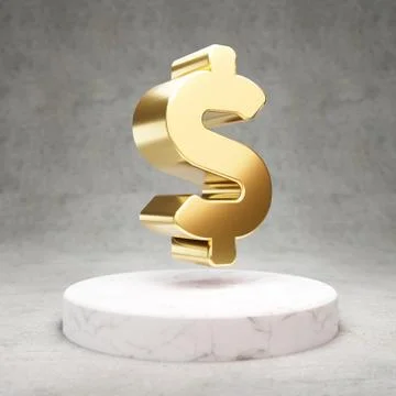 Dollar icon. Shiny golden Dollar symbol on white marble podium. Stock Illustration