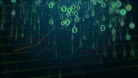 Dollar icons in circles falling down. Financial graph of the currency market. Stock Footage 233844595
