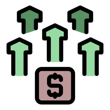 Dollar increasing with five upward pointing arrows symbolizing growth Stock Illustration