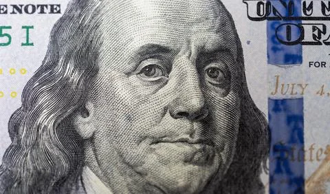 Dollar macro portrait Benjamin Franklin face. dollar bill closeup United States Foto stock