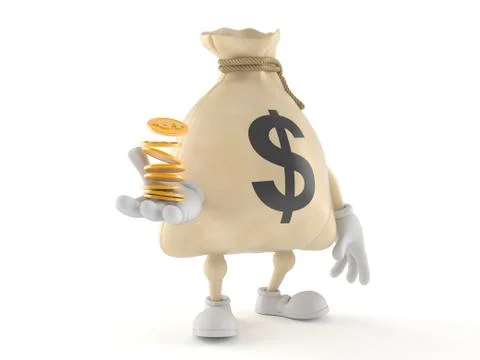Dollar money bag character with stack of coins Illustrazione stock