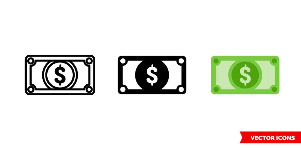 Dollar money icon of 3 types. Isolated vector sign symbol. Stock Illustration