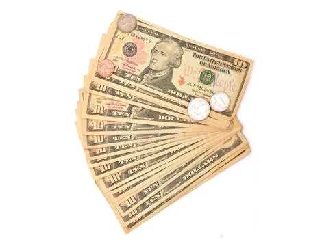 Dollar notes and coins isolated on white Stock Photos